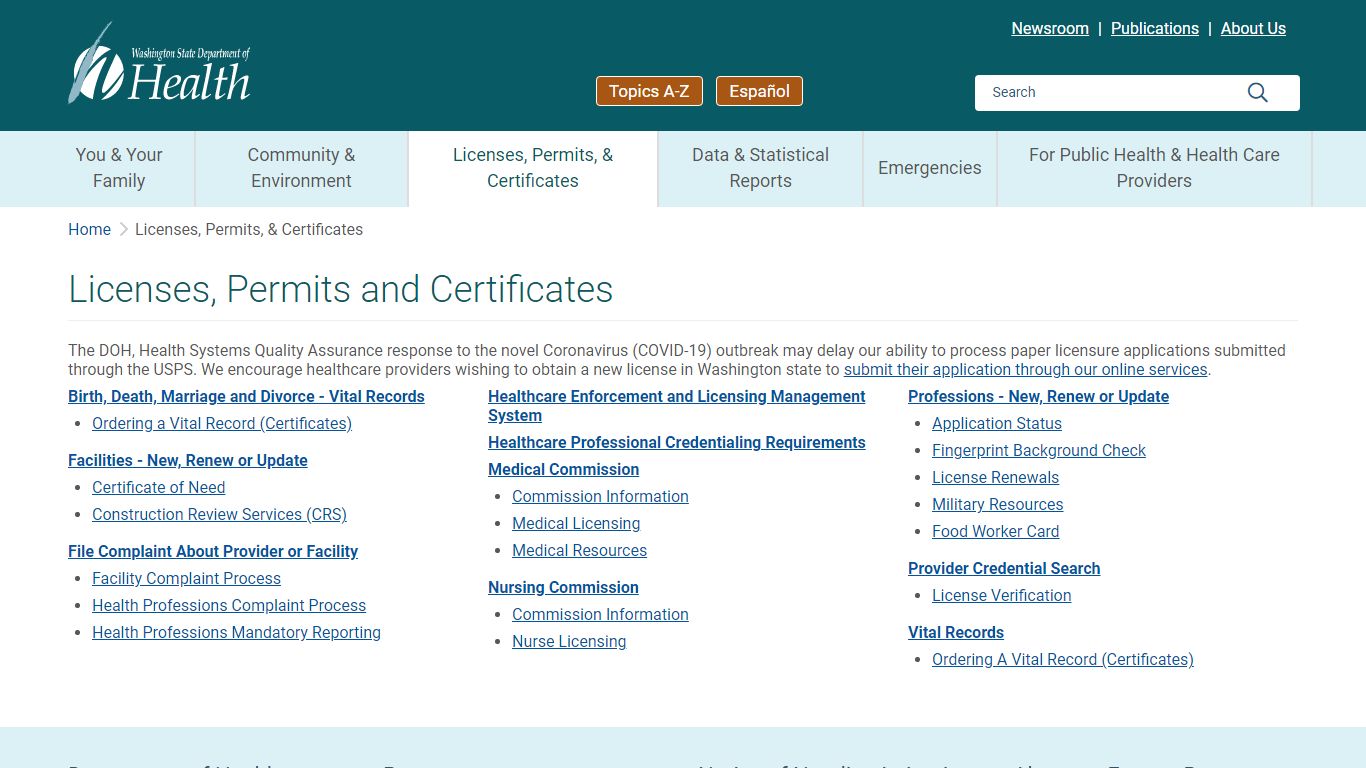 Licenses, Permits and Certificates - Washington State Department of Health